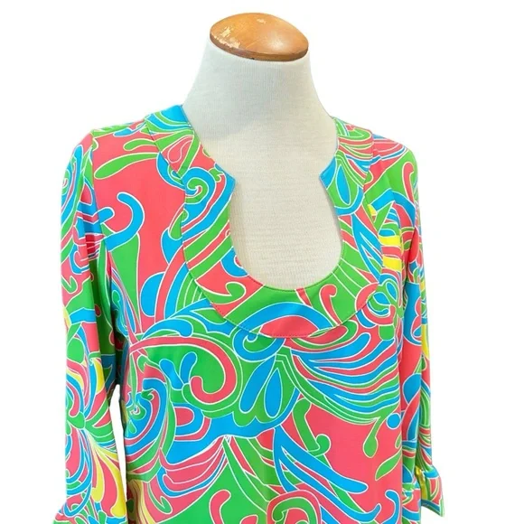 KATHERINE WAY BOLD MOD LONG SLEEVE SUMMER DRESS BOLD COLORFUL PRINT 1960s 1970s - Picture 3 of 13